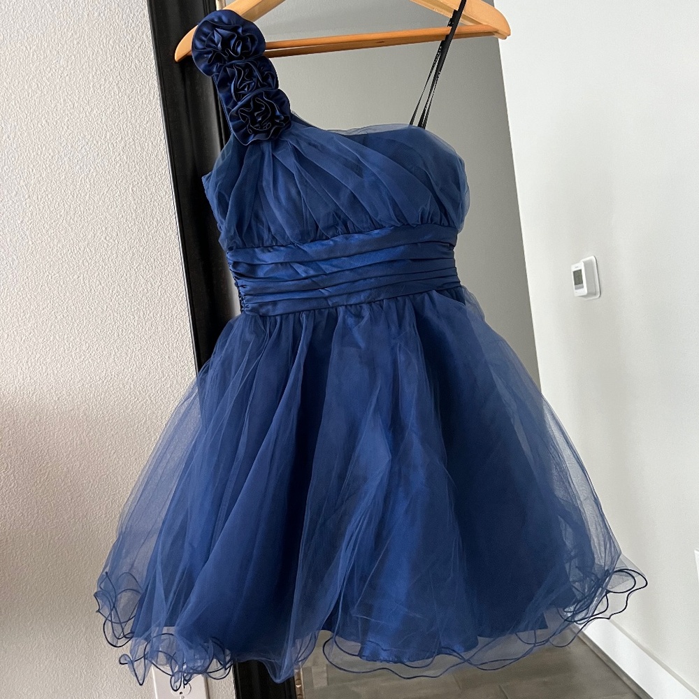 Masquerade Navy One-Shoulder Rose Tulle Dress